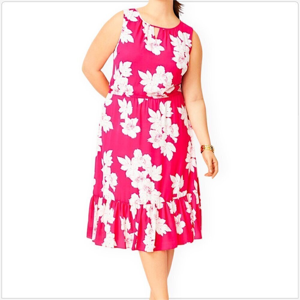 Talbots Pink and White Floral Flounce Hem Elastic Waist Midi Dress New NWT 22W